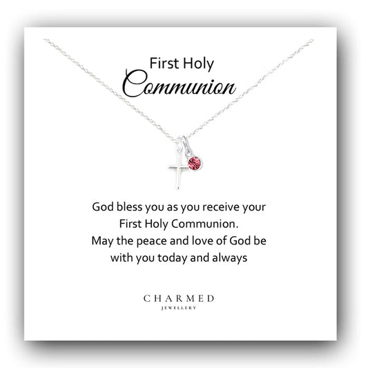 First Holy Communion Gift, Cross Birthstone Necklace Sterling Silver 925, Personalised Jewellery Gift