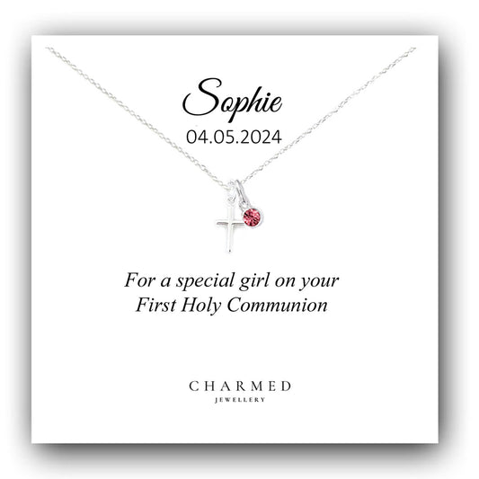 First Holy Communion Gift, Cross Necklace with Birthstone in Sterling Silver 925, Personalised Gift