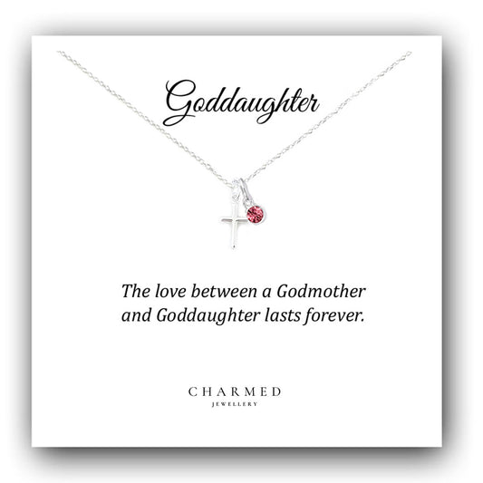 Goddaughter Gift, Cross Necklace with Birthstone in Sterling Silver 925, Personalised Jewellery Gift
