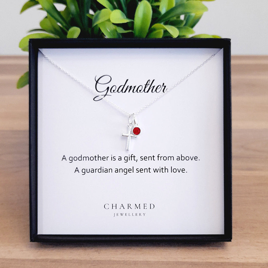 Godmother Gift, Cross Necklace with Birthstone in Sterling Silver 925 | Personalised Jewellery Gift