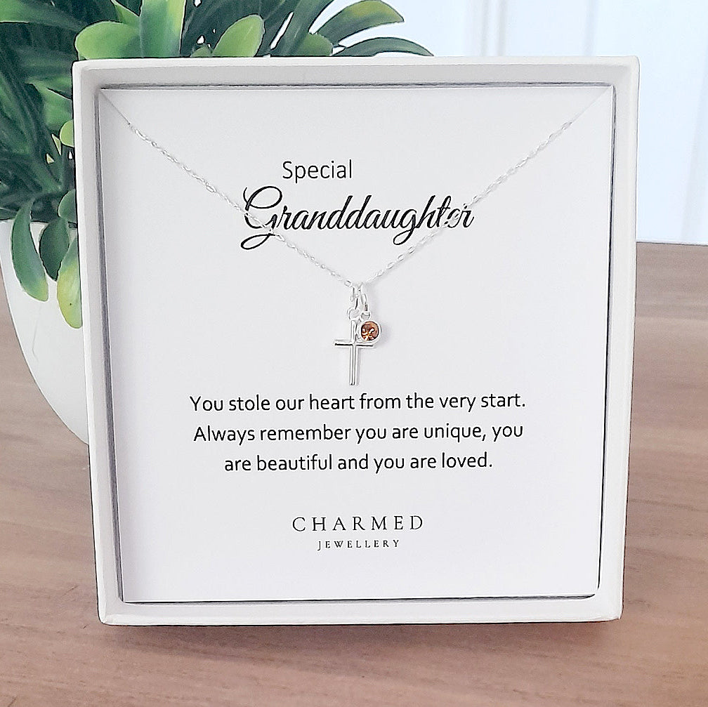 Granddaughter Cross Necklace with Birthstone in Sterling Silver 925 | Personalised Jewellery Gift