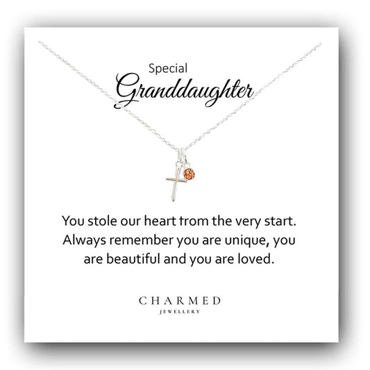 Granddaughter Cross Necklace with Birthstone in Sterling Silver 925, Personalised Jewellery Gift