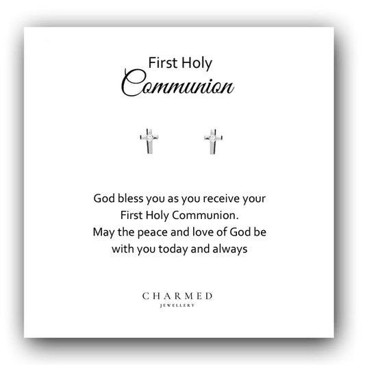 First Holy Communion Gift, CZ Cross Earrings in Sterling Silver 925, Personalised Jewellery Gift