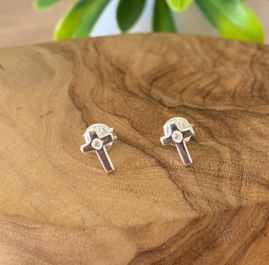 CZ Cross Stud Earrings, 925 Sterling Silver