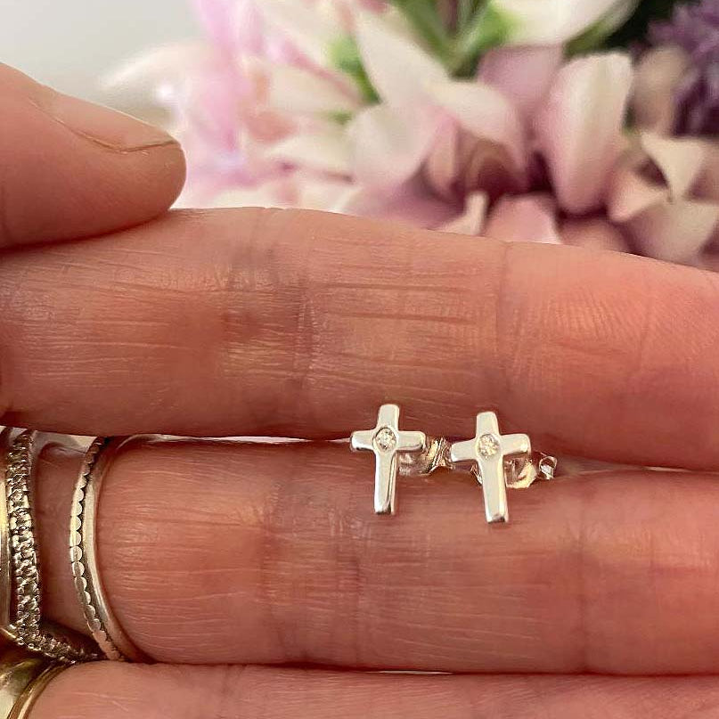 CZ Cross Stud Earrings | Sterling Silver 925 | Religious Jewellery Gift