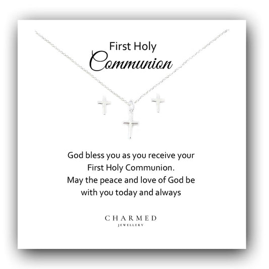 First Holy Communion Gift, Cross Necklace & Earrings Jewellery Set, Personalised Jewellery Gift