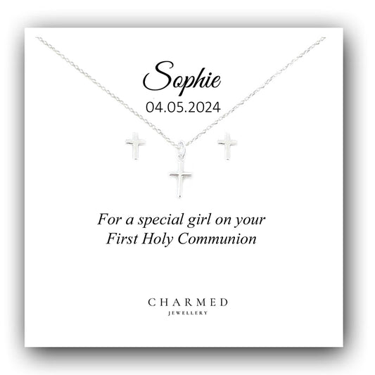 First Holy Communion Gift, Cross Necklace & Earrings Jewellery Set, Personalised Jewellery Set