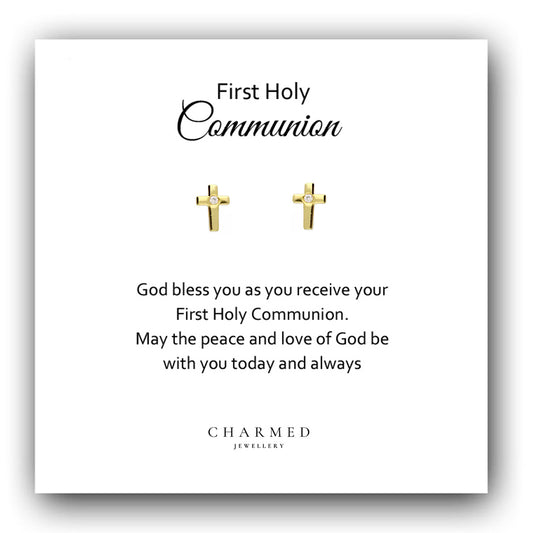 First Holy Communion Gift, Gold CZ Cross Earrings in Sterling Silver 925, Personalised Jewellery Gift