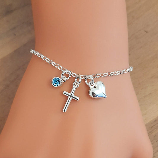 Cross Heart Bracelet with Crystal Birthstone Sterling Silver 925 Personalised Jewellery
