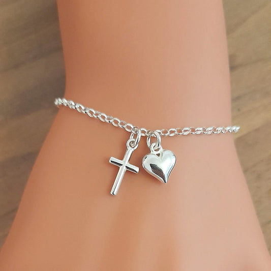 Cross Bracelet with Puffy Heart in Sterling Silver 925 Personalised Jewellery