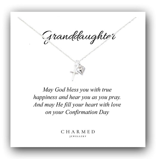 Granddaughter Confirmation Gift, Cross and Puffy Heart Necklace 925 Sterling Silver, Personalised Keepsake Gift