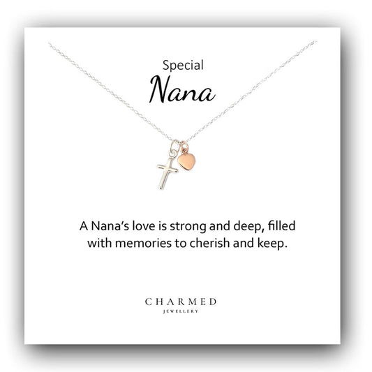 Nana Gift, Cross Necklace with Heart in Sterling Silver 925, Personalised Jewellery Gift
