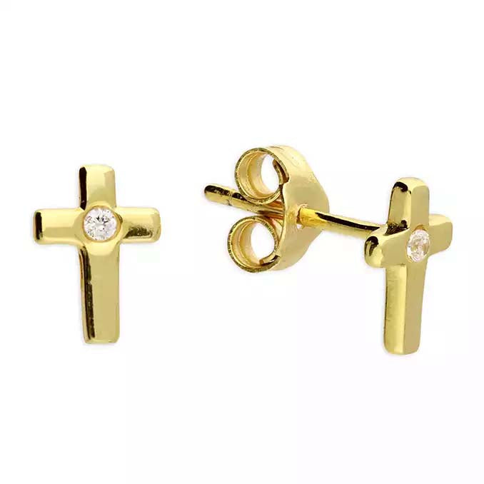 First Holy Communion Gift, Gold CZ Cross Earrings in Sterling Silver 925, Personalised Jewellery Gift