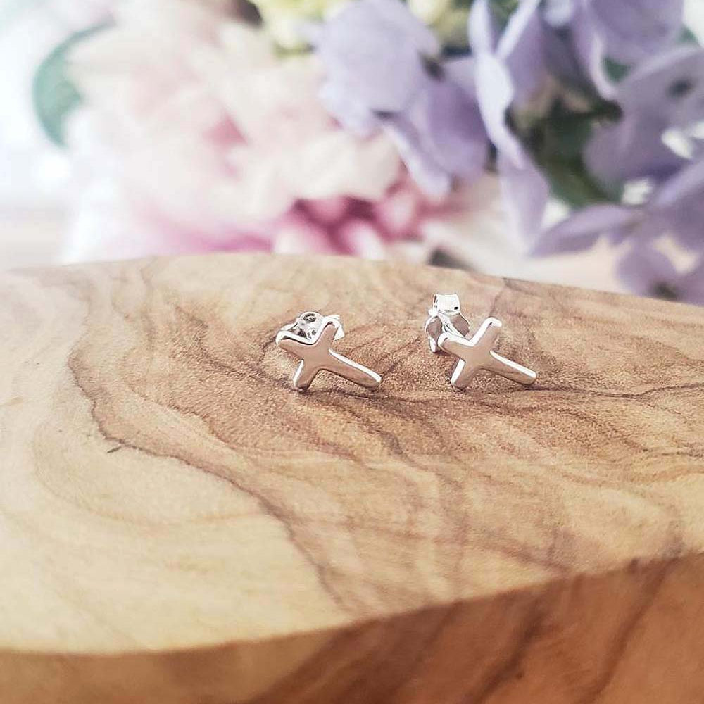 Cross Stud Earrings, 925 Sterling Silver