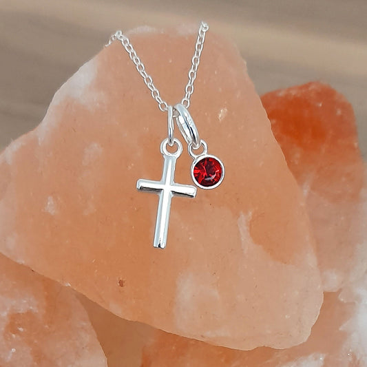 Cross Birthstone Necklace Sterling Silver 925, Personalised Jewellery