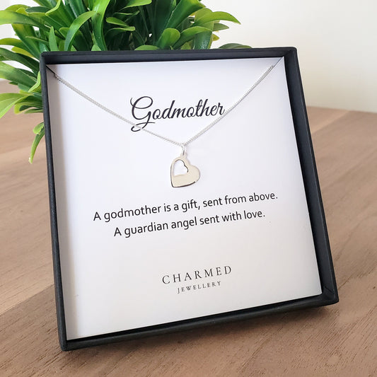Godmother Gift, Cut Out Heart Necklace in Sterling Silver 925 | Personalised Jewellery Gift