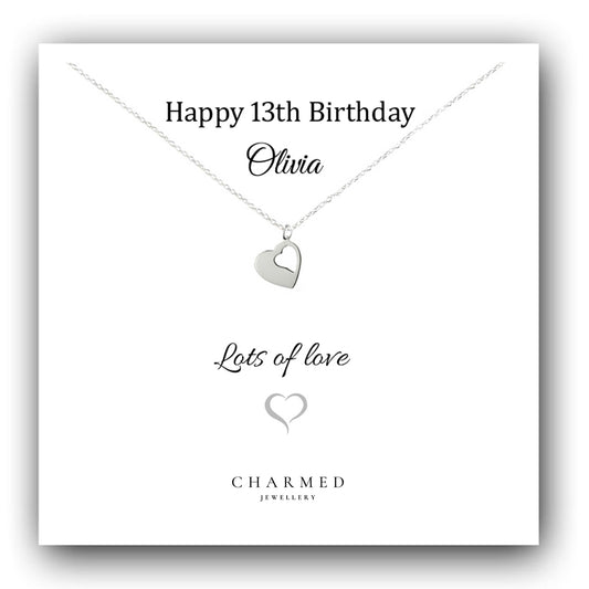 13th Birthday Cut Out Heart Necklace in Sterling Silver 925, Personalised Jewellery Gift