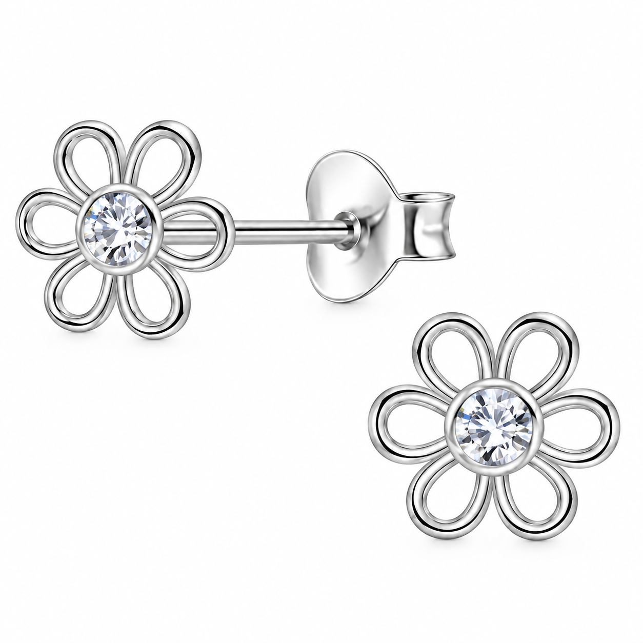 Sterling Silver CZ Flower Stud Earrings with 6mm floral design