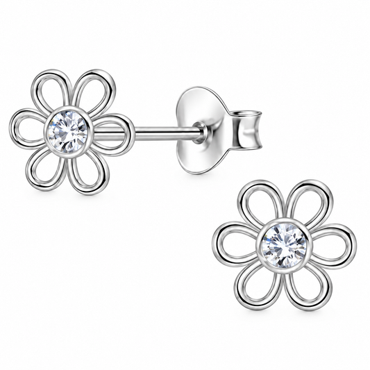 Sterling Silver CZ Flower Stud Earrings with 6mm floral design