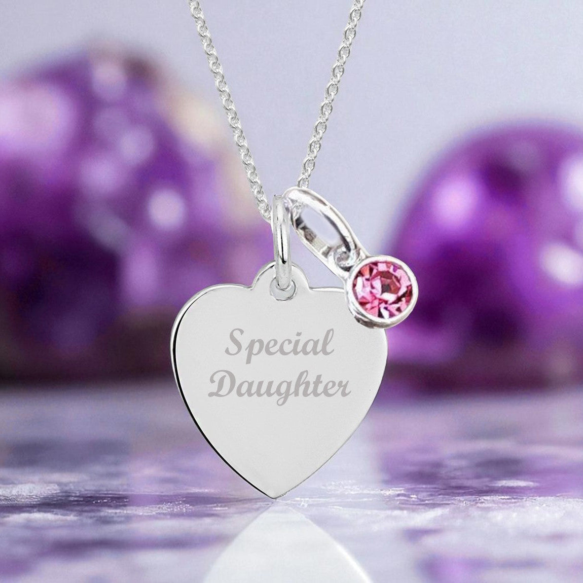 Daughter Engraved Necklace with Birthstone in Sterling Silver 925 | Personalised Jewellery Gift