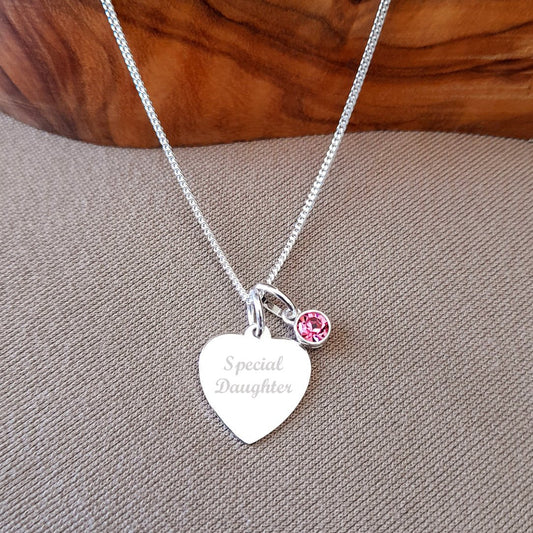 Daughter Necklace with Birthstone Engraved 925 Sterling Silver, Personalised Jewellery