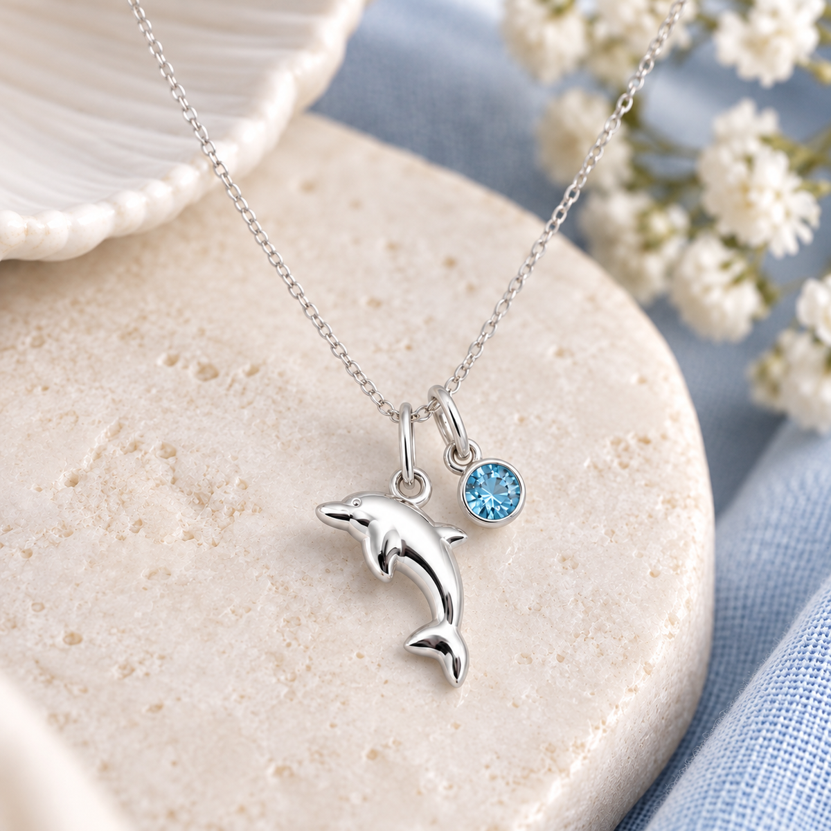 Sterling Silver Dolphin Necklace with crystal birthstone