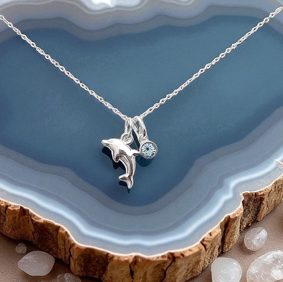 Dolphin Necklace with Birthstone in Sterling Silver 925 | Personalised Jewellery Gift