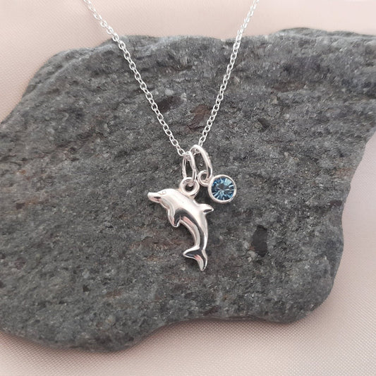 Dolphin Birthstone Necklace Sterling Silver 925, Personalised Jewellery