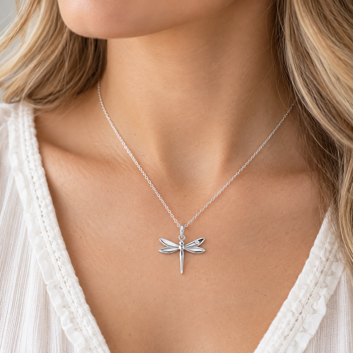 Sterling Silver CZ Dragonfly Necklace worn by model