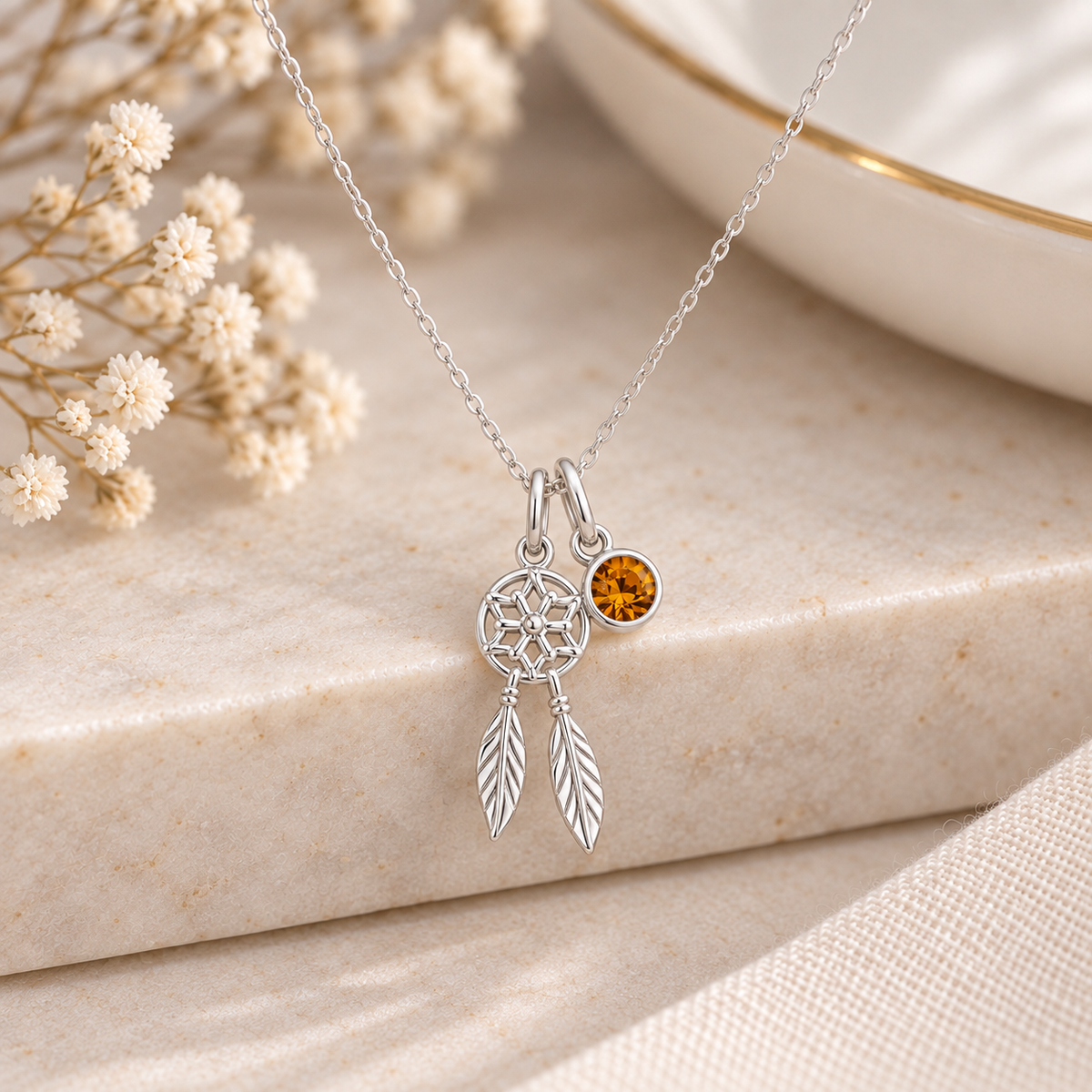 Sterling Silver Dreamcatcher Necklace with crystal birthstone
