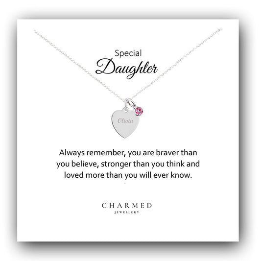 Daughter Gift, Engraved Heart Birthstone Necklace 925 Sterling Silver, Personalised Necklace, Message Jewellery