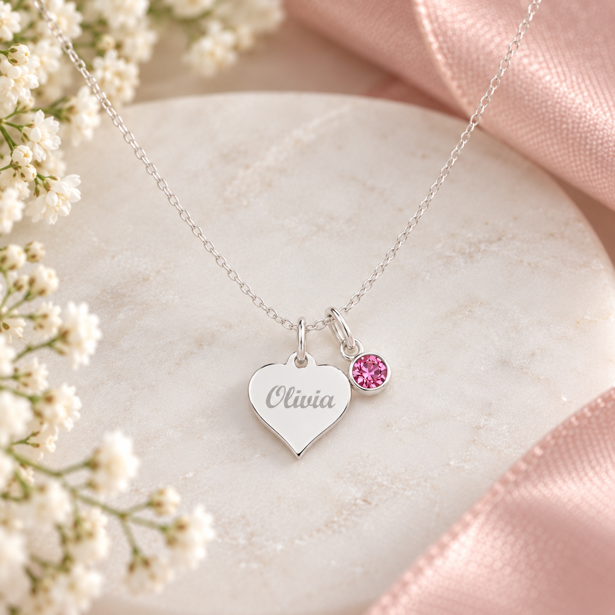 Engraved Heart and Birthstone Necklace – personalised birthday gift