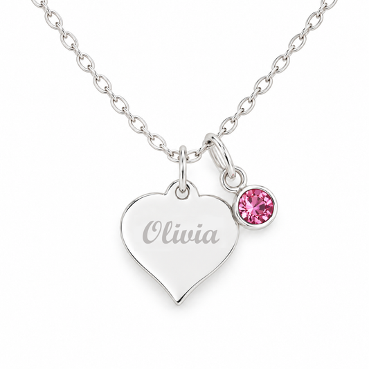 Personalised Birthday Engraved Heart Necklace with Birthstone