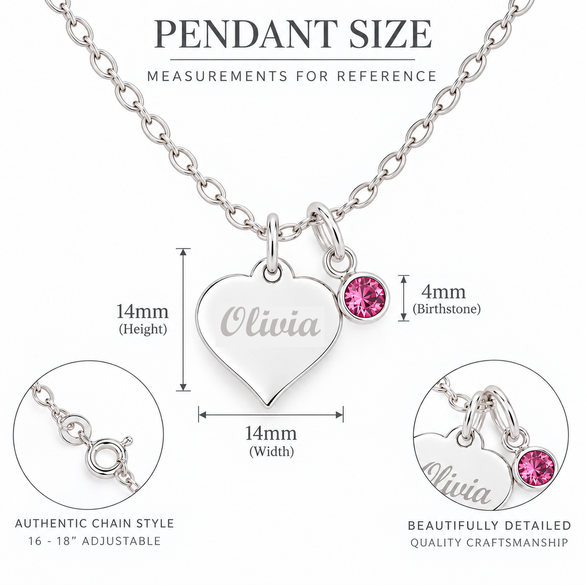 Engraved Heart Necklace measurement guide – 14mm x 14mm heart