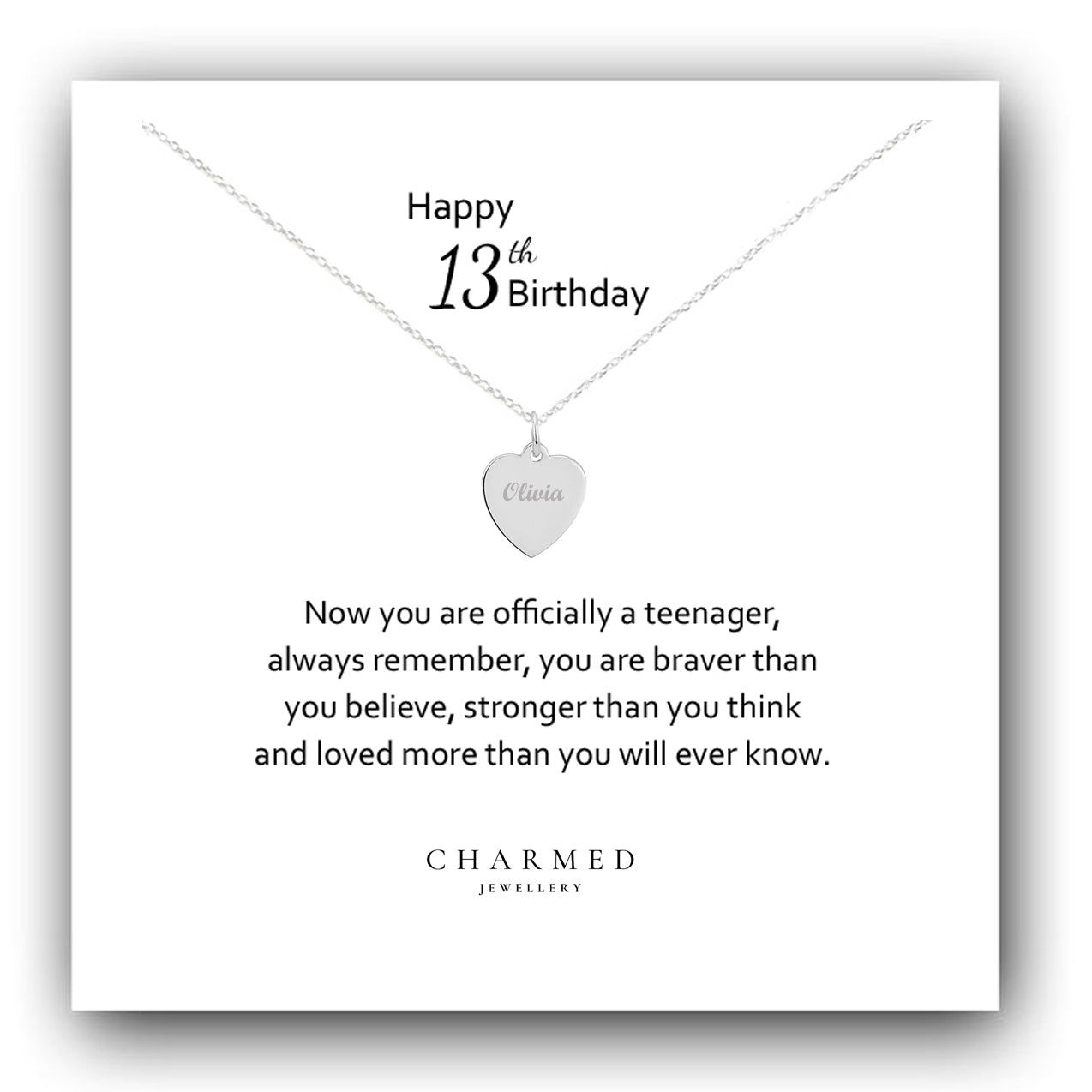 13th Birthday Gift, Engraved Heart Necklace 925 Sterling Silver - Personalised Jewellery Gift