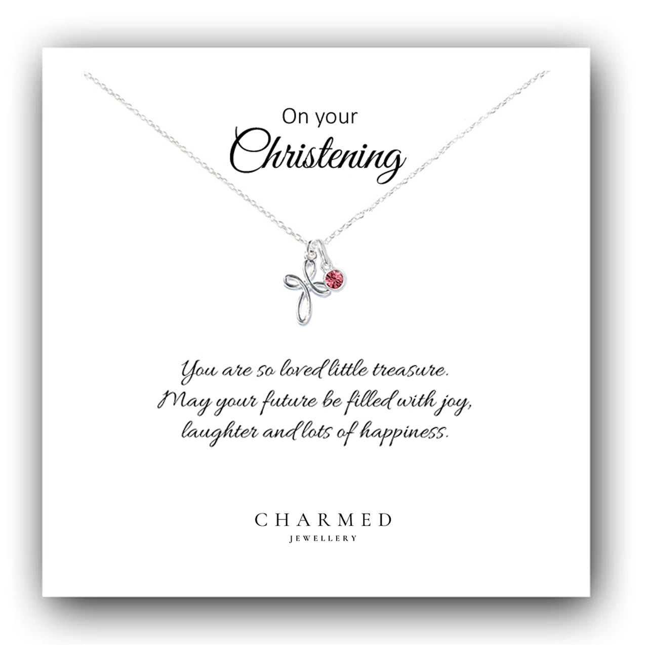 Christening Eternity Cross Necklace with Birthstone in Sterling Silver 925, Personalised Keepsake Gift