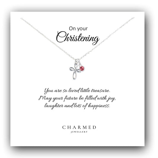 Christening Eternity Cross Necklace with Birthstone in Sterling Silver 925, Personalised Keepsake Gift