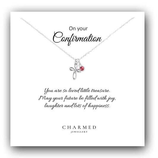 Confirmation Eternity Cross Necklace with Birthstone in Sterling Silver 925, Personalised Keepsake Gift