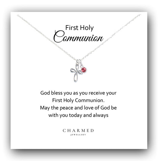 First Holy Communion Eternity Cross Necklace with Birthstone in Sterling Silver 925, Personalised Jewellery Gift