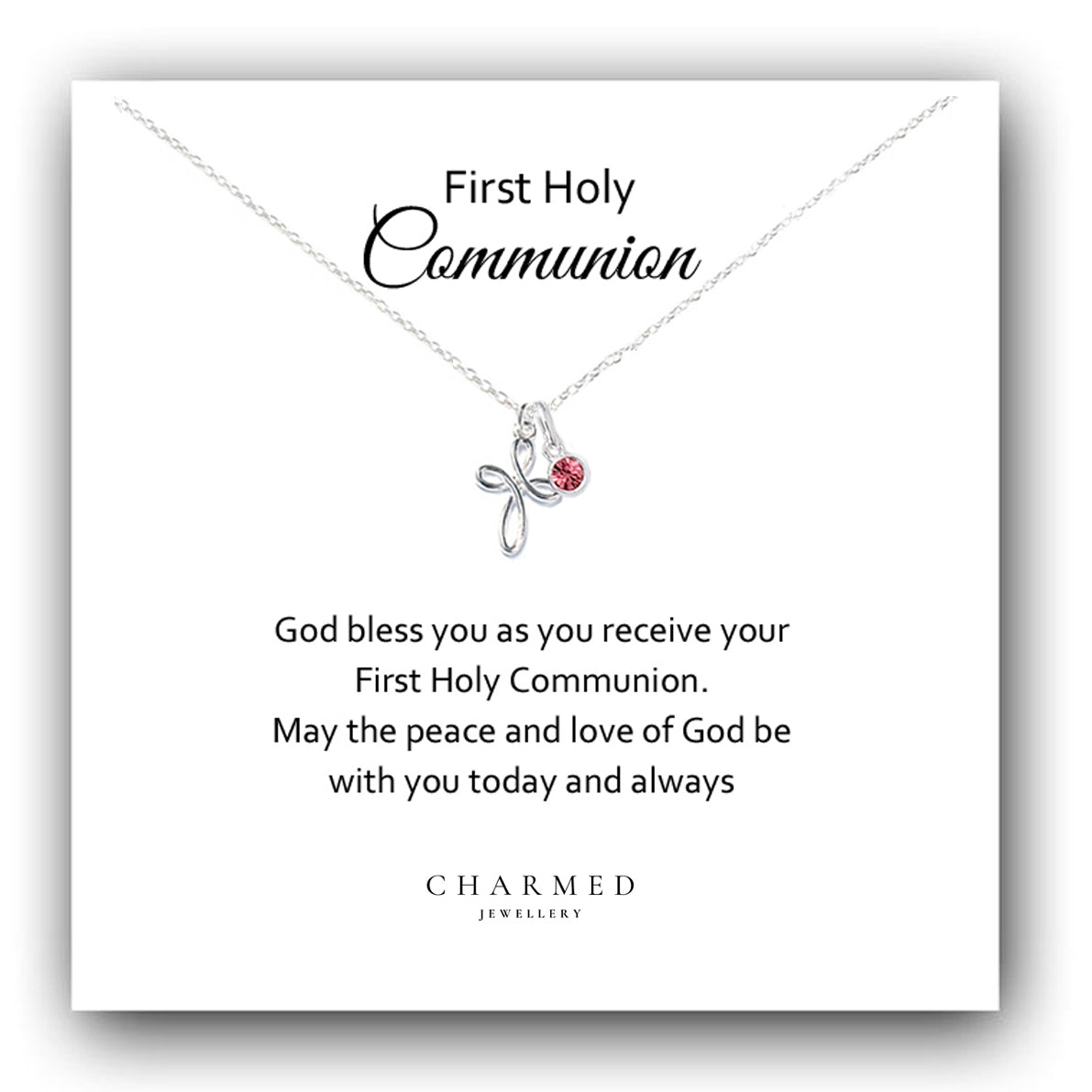 First Holy Communion Eternity Cross Necklace with Birthstone in Sterling Silver 925, Personalised Jewellery Gift