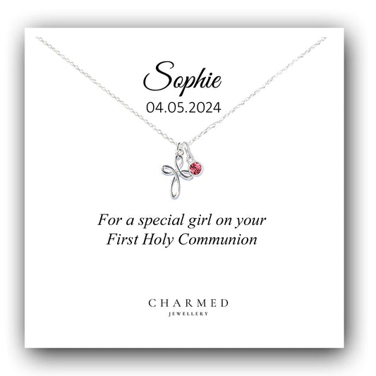First Holy Communion Gift, Eternity Cross Necklace with Birthstone in Sterling Silver 925, Personalised Gift