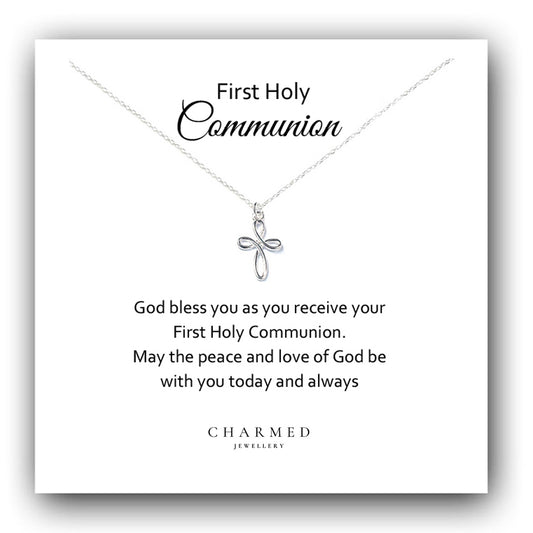 First Holy Communion Gift, Eternity Cross Necklace in Sterling Silver 925, Personalised Jewellery Gift