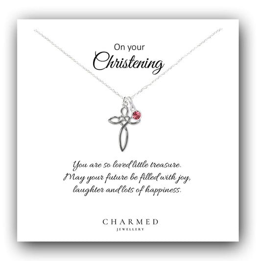 Christening Eternity Heart Cross Necklace with Birthstone in Sterling Silver 925, Personalised Keepsake Gift