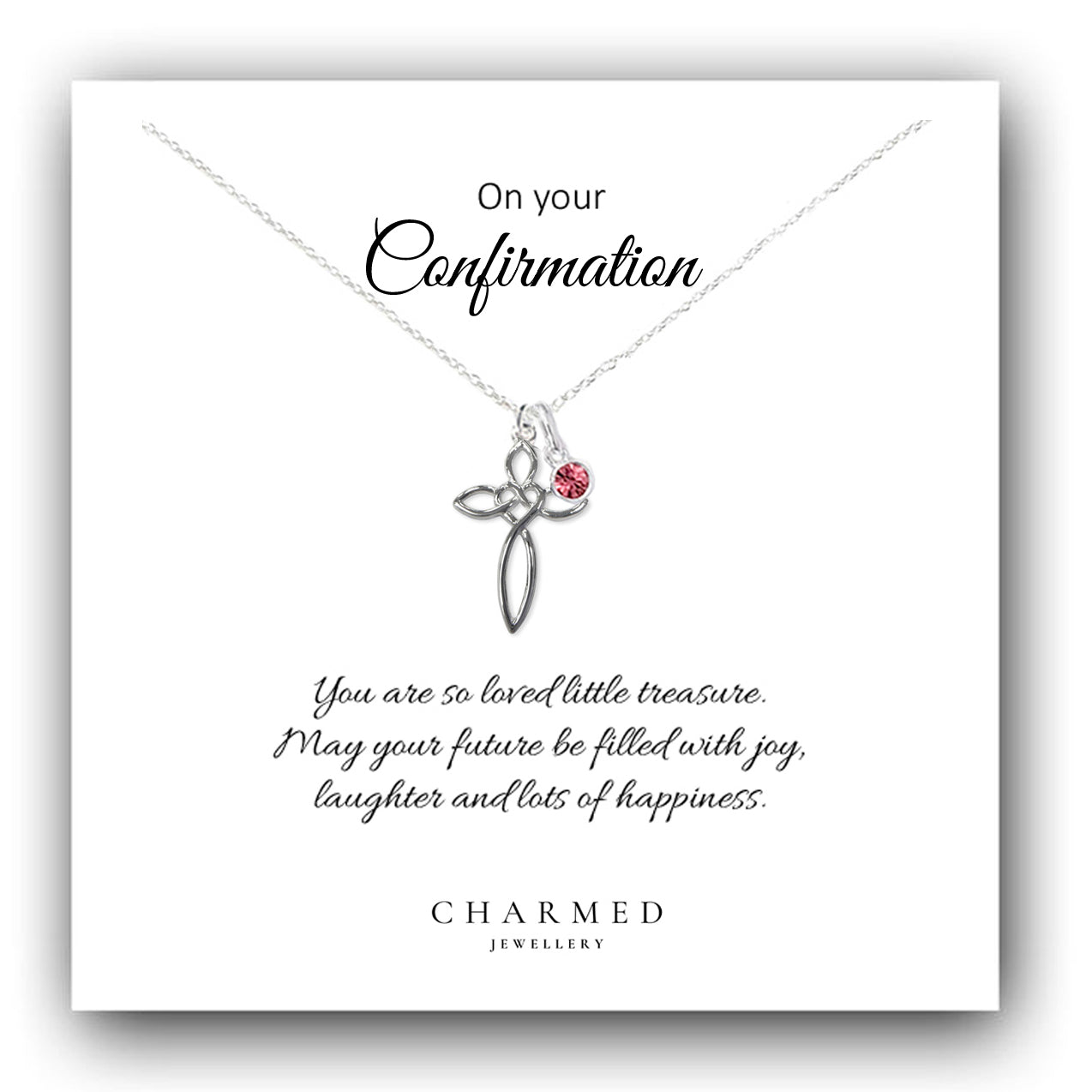 Confirmation Eternity Heart Cross Necklace with Birthstone in Sterling Silver 925, Personalised Keepsake Gift