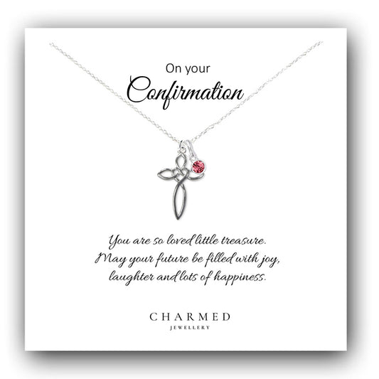 Confirmation Eternity Heart Cross Necklace with Birthstone in Sterling Silver 925, Personalised Keepsake Gift