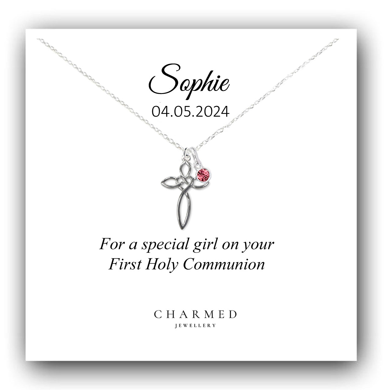 First Holy Communion Gift, Eternity Heart Cross Necklace with Birthstone in Sterling Silver 925, Personalised Gift