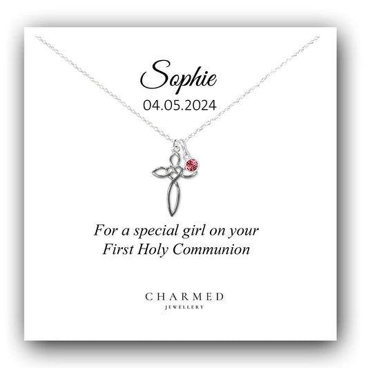First Holy Communion Gift, Eternity Heart Cross Necklace with Birthstone in Sterling Silver 925, Personalised Gift