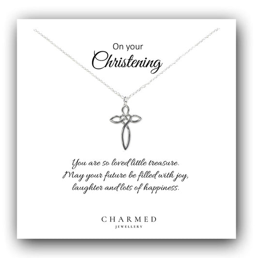Christening Eternity Heart Cross Necklace in Sterling Silver 925, Personalised Keepsake Gift