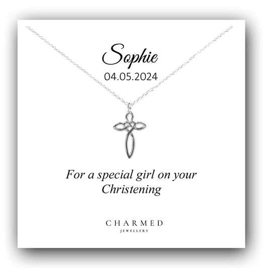 Christening Gift, Eternity Heart Cross Necklace in Sterling Silver 925, Personalised Keepsake Gift