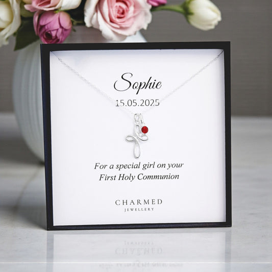 First Holy Communion Gift, Eternity Cross Necklace with Birthstone in Sterling Silver 925, Personalised Jewellery Gift